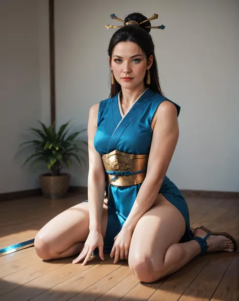 a woman in a blue dress sitting on the floor with a sword