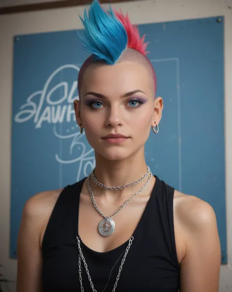 a close up of a woman with a blue mohawk and a necklace