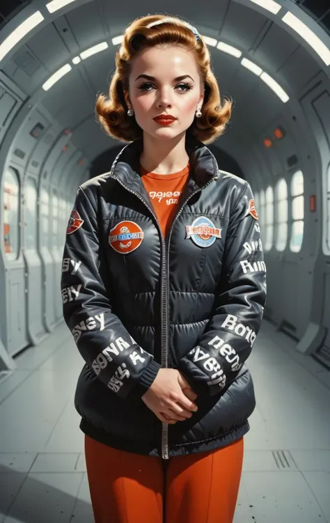 a woman in a space station wearing a jacket and orange pants