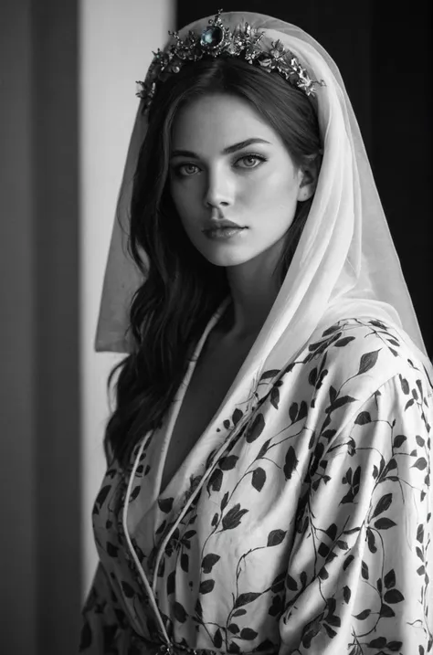 a woman in a robe and veil posing for a black and white photo