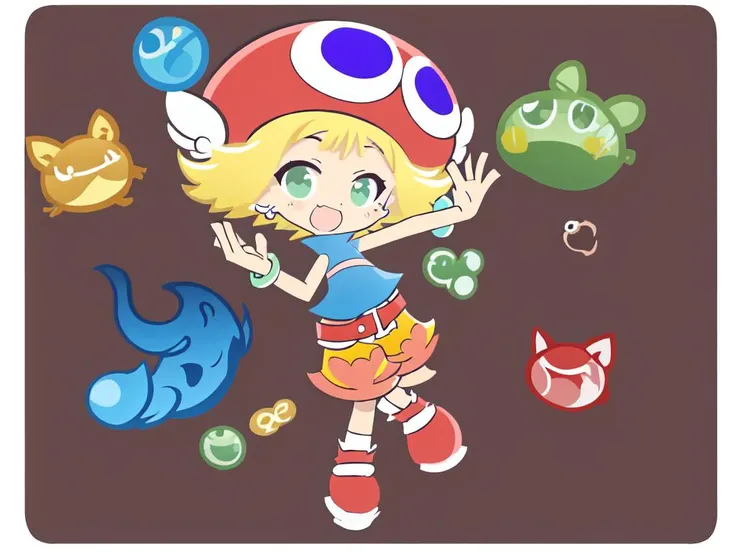 <lora:amitie:0.7:ALL> kawaii amitie petite cute 1girl, green eyes, blonde hair, short hair, bracelet, jewelry +++ hat, skyblue shirt sleeveless, red belt, red shoes, yellow shorts, pink heart +++ whiskers, portrait