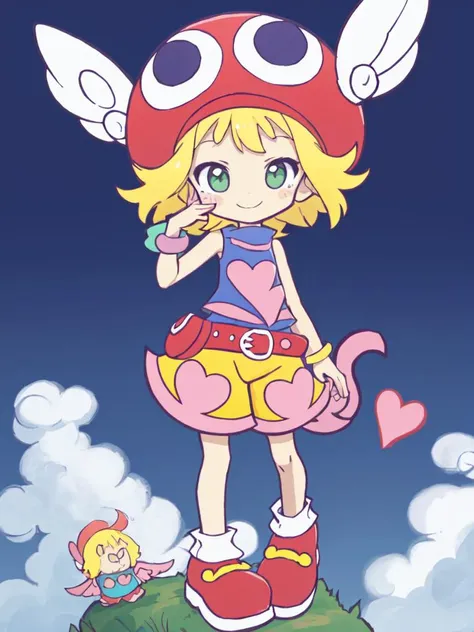 <lora:amitie:0.8:ALL> kawaii amitie petite cute 1girl, green eyes, blonde hair, short hair, bracelet, jewelry +++ hat with wings, skyblue shirt sleeveless, red belt, red shoes, yellow shorts, pink heart +++ embarrassed nose blush smile style parody