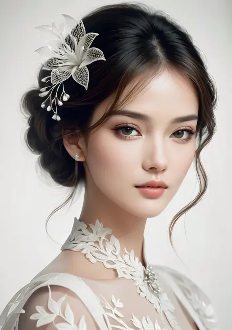 a woman wearing a white dress and a flower hair comb