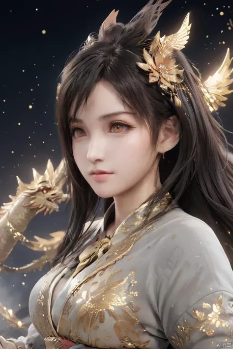 masterpiece, best quality, 1girl, dragon girl,  particles, no humans,  simple background,  solo,  animal,  shining eyes, flying, eastern_dragon girl,  particles, golden theme,  from above/from view,<lora:EMS-281961-EMS:0.600000>,<lora:EMS-281206-EMS:0.4000...