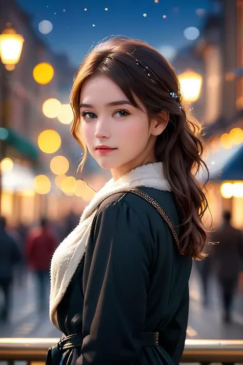 a woman with long hair and a black coat standing in front of a street