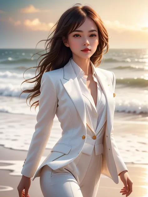 a woman in a white suit walking on a beach