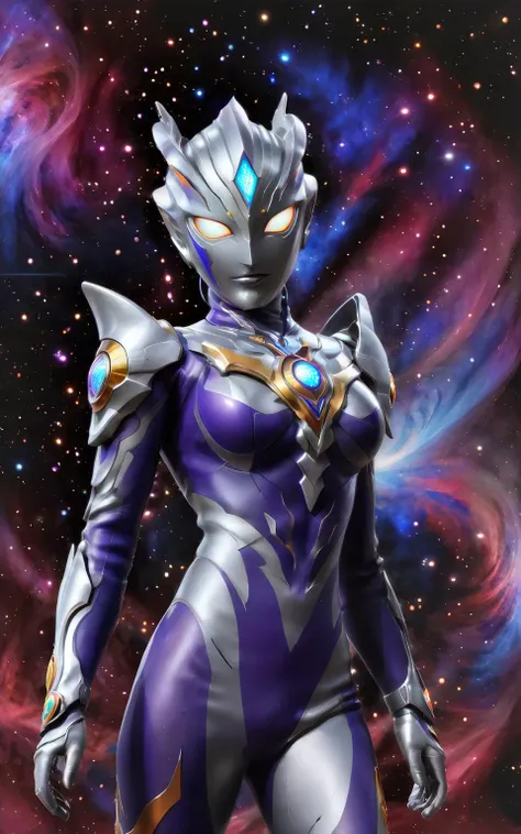 a woman in a space suit with a glowing blue eye