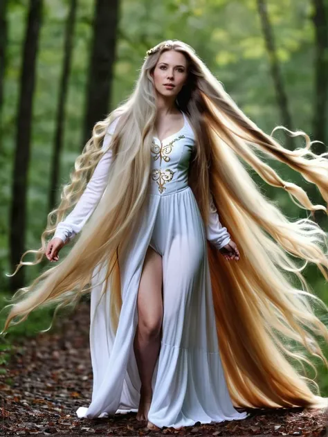 photo of a beautiful elvish woman with flowing white gown and very long hair, full body shot <lora:verylonghairv2:1.4>, hair on ground