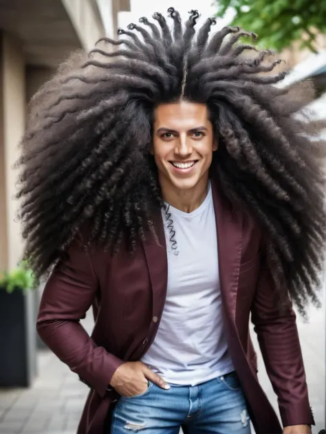 man with a huge afro, black curly hair <lora:verylonghairv2:1.4>,