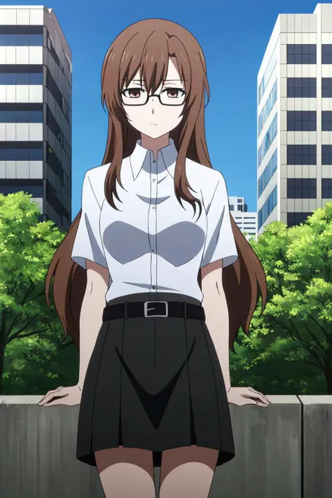 1girl, MoekaKiryu, solo, brown hair, long hair, expressionless, glasses, collared shirt, short sleeve, belt, black skirt, city <lora:MoekaKiryu001:0.4>