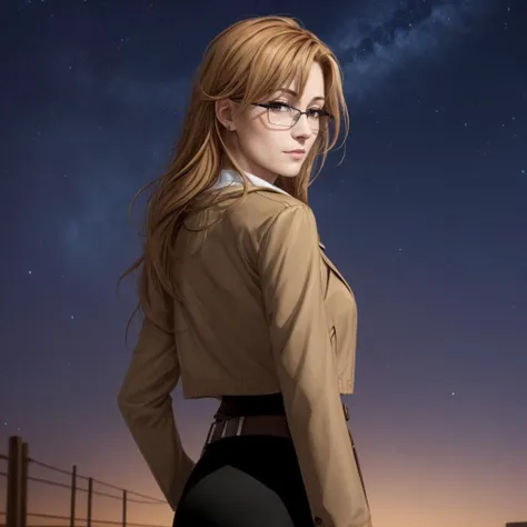 a woman in glasses standing in front of a fence at night