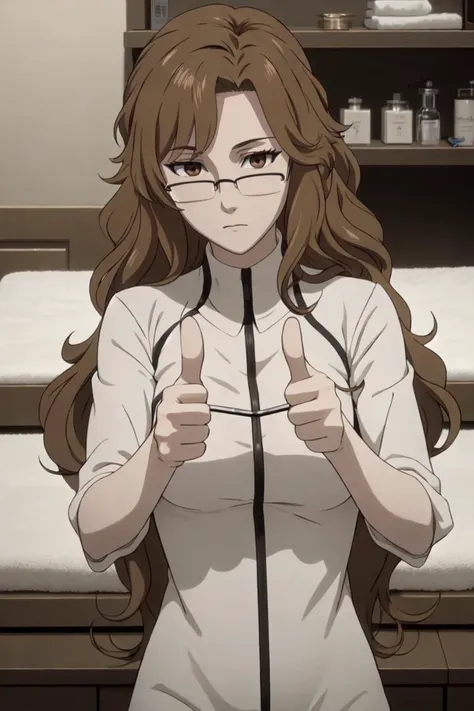 (masterpiece, best quality, ultra detailed, detailed hand), MoekaKiryu, 1woman, solo, bust up, (thumbs up with both hands, put both hands forward:1.1), glasses, brown hair, long hair, wavy hair, messy hair, brown eyes, empty eyes, masseuse clothes, <lora:M...