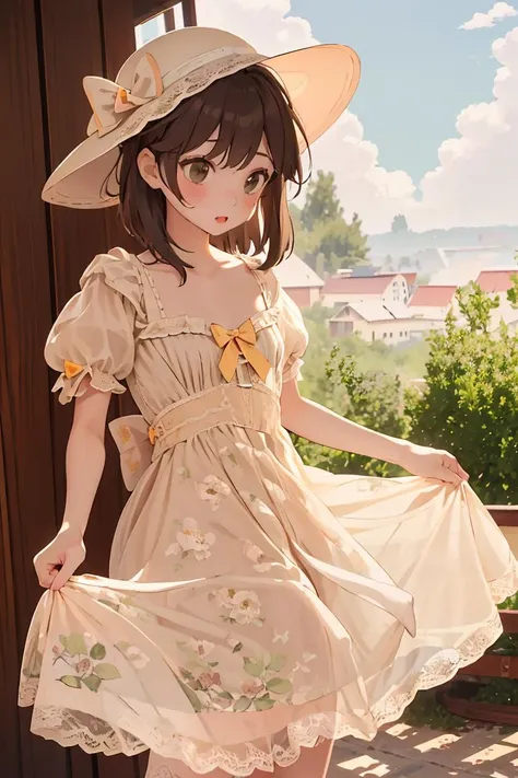 anime girl in a dress and hat posing for a picture