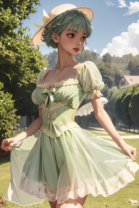 araffe dressed in a green dress and hat posing for a picture