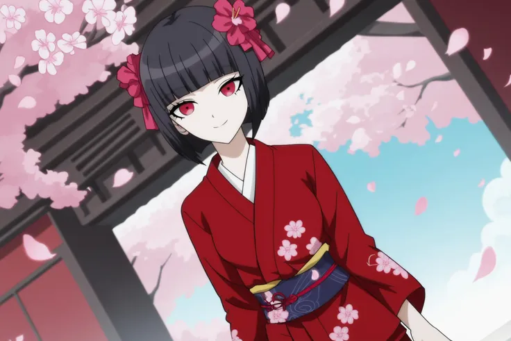 source_anime, score_9, score_8_up, score_7_up, anime screencap,8k, absurd res, 
celestia ludenberg, bob cut, blunt bangs, short hair, bangs, black hair, red eyes,
kimono, temple, cherry blossoms, smile, looking at viewer, cowboy shot, dutch angle, 
 <lora:...