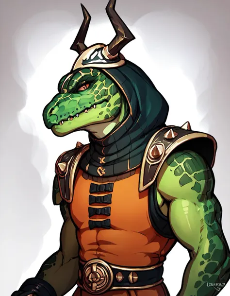 a cartoon image of a green and orange alligator wearing armor