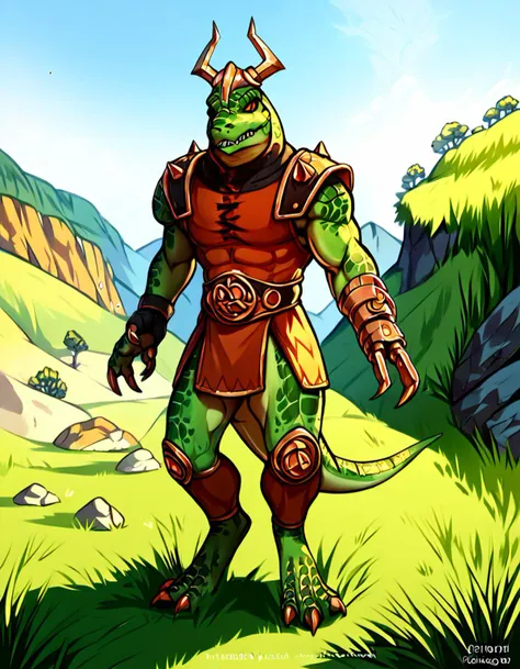 a cartoon of a man in a green and red outfit standing in a field