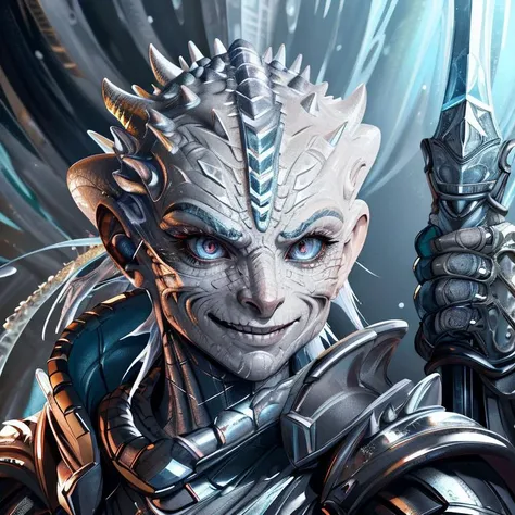 <lora:RPGKobald:1.2>(kobold) reptilian, portrait, solo, half shot, looking down, detailed background, detailed face, (<lora:FrostRaceTech:0.5>, cryogenic, frostracetech theme:1.1), mercury-mage, smiling, surrounded by tendrils of swirling mercury, silver (...