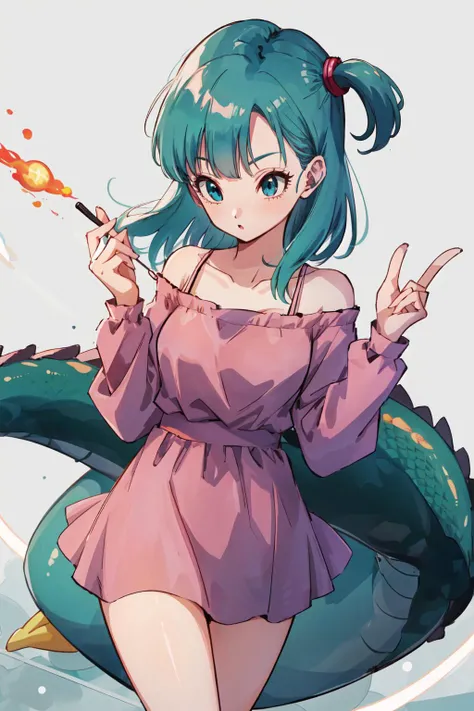 1girl, solo, dragon ball, blmsdup, bulma, aqua hair, one side up, pink dress, long sleeves, collarbone, medium breasts <lora:bulma_9:0.7> masterpiece, best quality, highres,