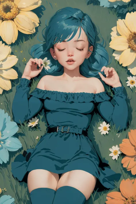 nsfw,(view from top, lowangleview-3000):1.5,aqua hair,(fine-details:1.6),(Flat-colors:1.4),(depth),warm colors,vintage style,
petite young woman,tiny breasts,flat chest,pale skin,wearing opulent victorian dress,stockings,bulma,
(((lies in the grass surroun...