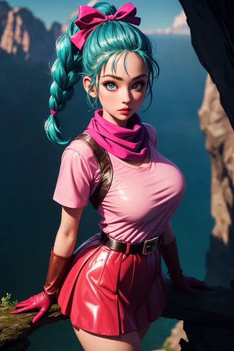 (ultra realistic,32k,RAW photo:1.1),(high detailed skin:1.1), 8k uhd, dslr, high quality, film grain, (makeup, mascara:1.1), lips,(thicklips), 
(shiny glossy translucent clothing:1.1), <lora:bulma_9:0.6>dragon ball, blmpony, aqua hair, hair ribbon, braided...