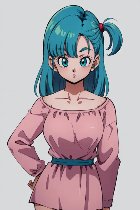 1girl, solo, dragon ball, blmsdup, bulma, aqua hair, one side up, pink dress, long sleeves, collarbone, medium breasts <lora:bulma_9:0.7> masterpiece, best quality, highres,