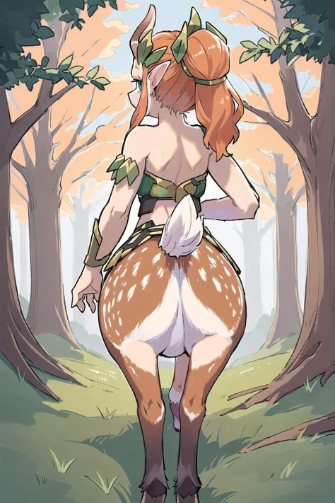 <lora:Enchantressv0.1:0.8>, enchantress, deer centaur, from behind, looking at viewer