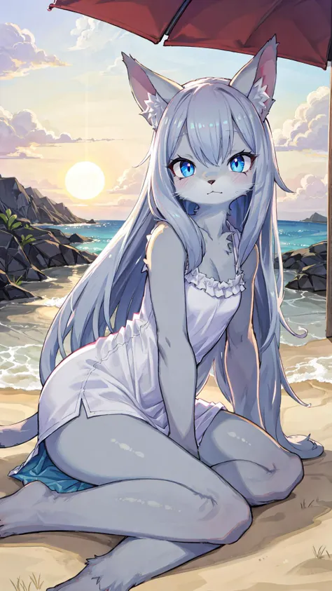 Young ragdoll cat anthro girl, furry, very fluffy bodyfur, cute and adorable, animal arms and legs, animal tail, Sitting on the beach, gazing into the distance BREAK Long, soft fur, color of seal-point ragdoll cat, Expressive face with a gentle melancholy ...