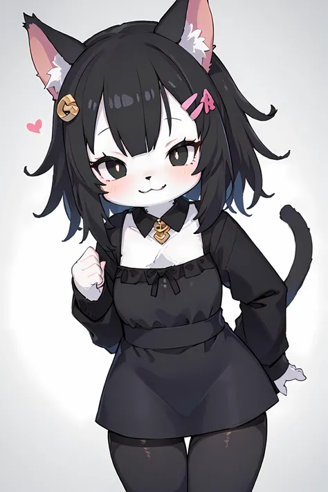 1girl, (furry:0.8), smug, black hair, black eyes, black dress, black tights, black hairpin, cat ears digital art, pupils glow <lora:add_detail:-0.5>, render