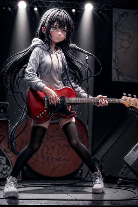 (masterpiece),(best quality),(ultra-detailed), 3D render, full body, <lora:add_detail:2>, <lora:LowRA:0.5>, 1girl, plays guitar and sings on stage in a rock club, black hair, long hair, bangs, black eyes, monochrome, flat chest, hoodie, depressed expressio...