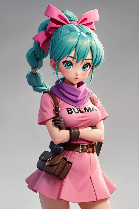 1girl, solo, dragon ball, blmpony, aqua hair, hair ribbon, braided ponytail, pink shirt, belt, scarf, pink skirt, clothes writing, brown gloves, medium breasts <lora:bulma_9:0.6> masterpiece, best quality, highres,