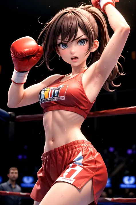 1girl, boxing matches, boxing gloves, sweat, rings, audience, uppercut, fierce look, fighting pose <lora:add_detail:0.6>