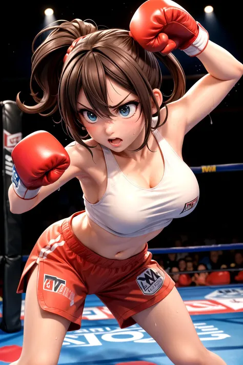 1girl, boxing matches, boxing gloves, sweat, rings, audience, uppercut, fierce look, fighting pose <lora:add_detail:0.6>