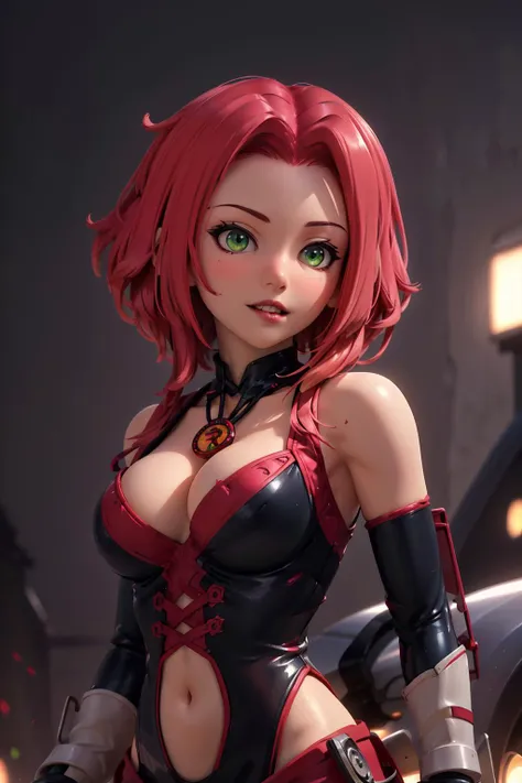 (((night time))), <lora:BloodRayneV2:0.8> red and black corset, midriff, shiny clothes, elbow gloves, pendant, green eyes, destroyed futuristic city buildings and cars in the background, action pose,  toned body and abs, beautiful hands, detailed fingers, ...