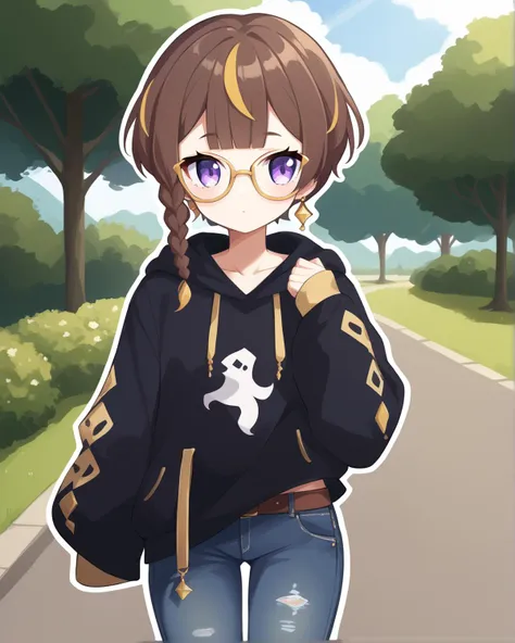 a cartoon girl with glasses and a backpack walking down a street