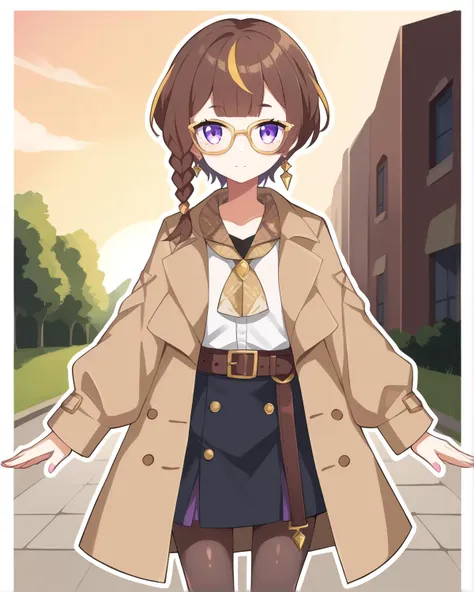 anime girl in a trench coat and skirt with her arms out