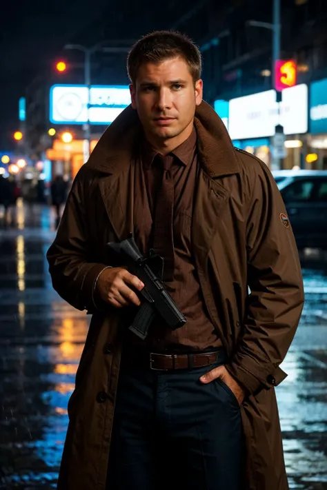 <lora:deckard-dck:0.9>, realistic photo of dck, a man, brown jacket, shirt and tie, holding a gun, (masterpiece:1.0), (best quality:1.0), (intricate details), (rainy:1.2), cloudy, cyberpunk, volumetric lighting, cinematic, futuristic, neon