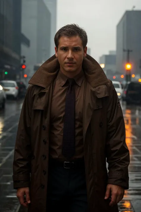 <lora:deckard-dck:0.9>, realistic photo of dck, a man, brown jacket,shirt and tie, (masterpiece:1.0), (best quality:1.0), (intricate details), (rainy:1.2), cloudy, cyberpunk, volumetric lighting, cinematic, futuristic, neon