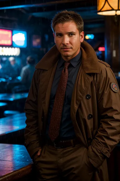 <lora:deckard-dck:0.9>, realistic photo of dck, a man, brown jacket, shirt and tie, standing in a bar, (masterpiece:1.0), (best quality:1.0), (intricate details), (rainy:1.2), cloudy, cyberpunk, volumetric lighting, cinematic, futuristic, neon