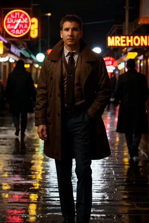 <lora:deckard-dck:0.9>, realistic photo of dck, a man, brown jacket, shirt and tie, standing in a bar, (masterpiece:1.0), (best quality:1.0), (intricate details), (rainy:1.2), cloudy, cyberpunk, volumetric lighting, cinematic, futuristic, neon