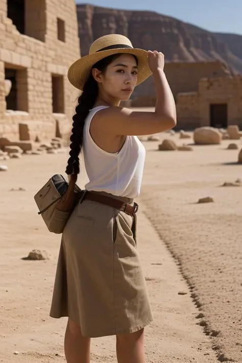 10. Female archaeologist (ethnicity: East Asian, age: late 30s) at an ancient excavation site (setting: desert, historic ruins). Shes in practical field gear (fabric: lightweight, sun-protective) with a wide-brimmed hat. Her hair is in a functional braid, ...