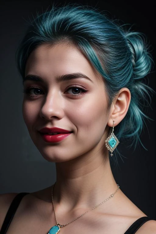 a woman with blue hair and a necklace on her neck