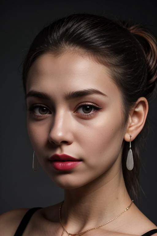 a close up of a woman with a necklace and earrings