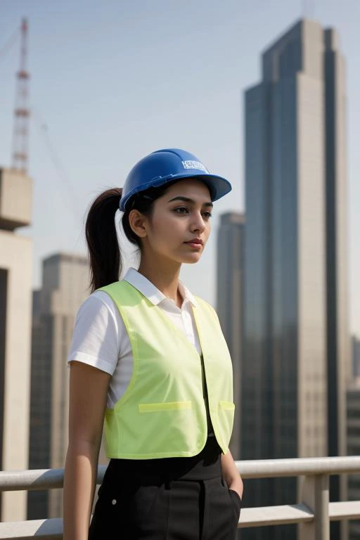 4. A young professional female architect (ethnicity: South Asian, age: early 30s) at a modern construction site (setting: urban development). Shes dressed in smart, casual attire (fabric: durable, comfortable) with a protective hard hat and safety vest. He...