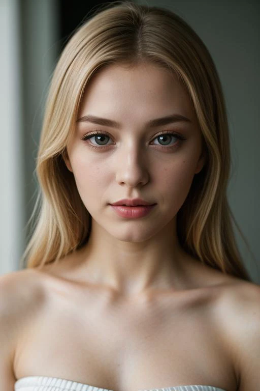 a close up of a woman with a white top and a white dress