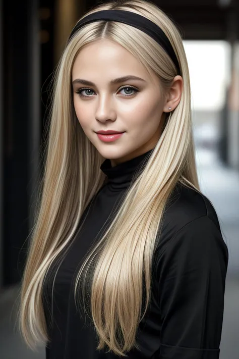 a woman with long blonde hair wearing a black top and a headband