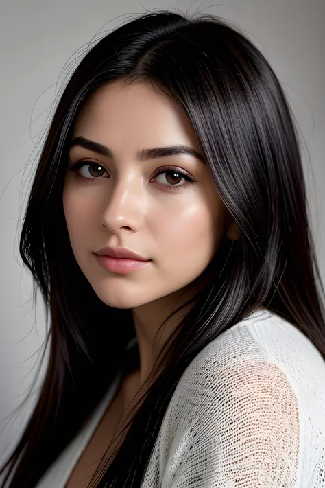 a close up of a woman with long black hair and a white shirt