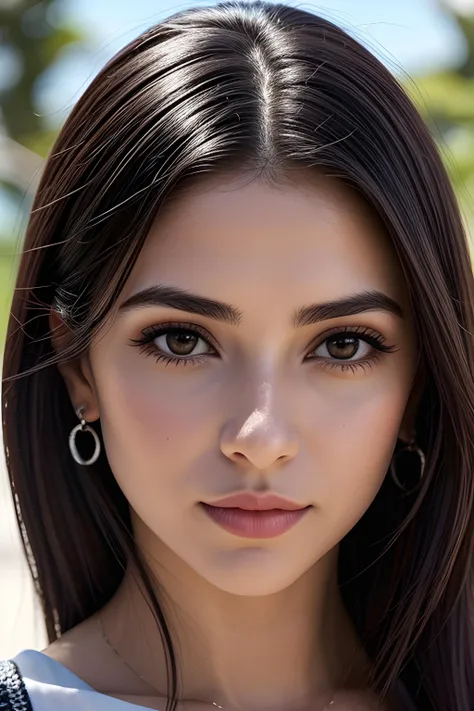 a close up of a woman with long hair and earrings