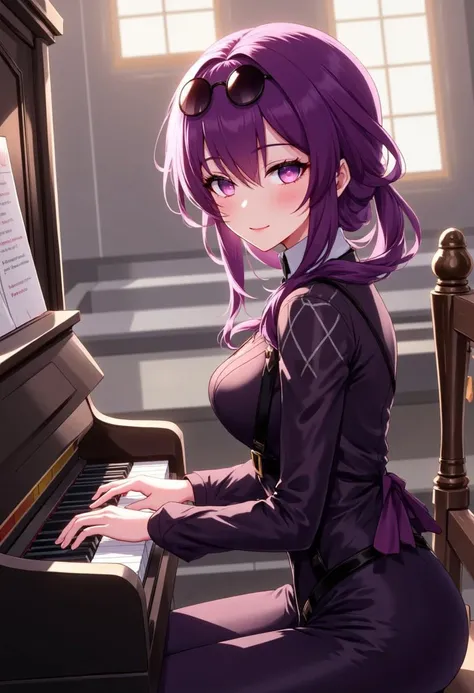 a girl, purple hair, dark purple dress, sunglasses, 20 years old, playing the piano, looking at the camera with a serene smile, and in the background what appears to be a church