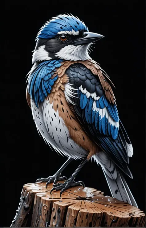 detailed close-up of an elegant bird perched on a textured stump, predominantly black background, striking blue and white feathers with dark brown on wings and back, piercing eyes gazing directly at the viewer, wet appearance suggesting recent rain, highly...